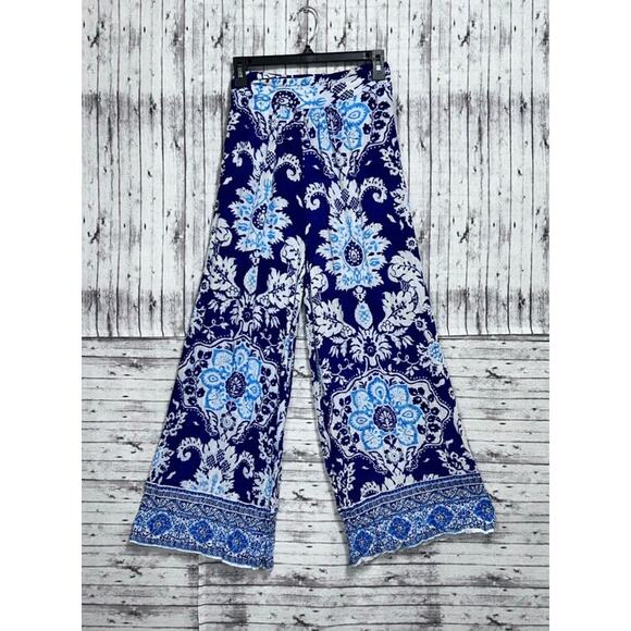 Rachel Zoe XS Floral blue palazzo pants with pockets pull on smocked back waist - Picture 1 of 4